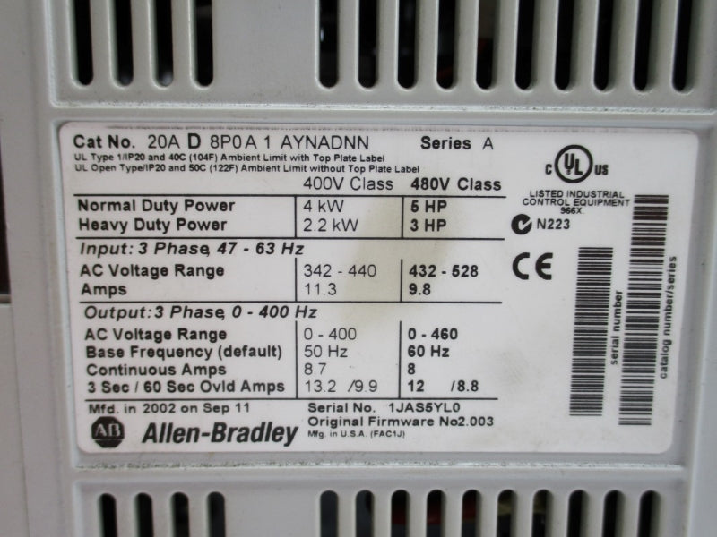 ALLEN BRADLEY 20AD8P0A1AYNADNN SER. A 342-440VAC 11.3A UNMP