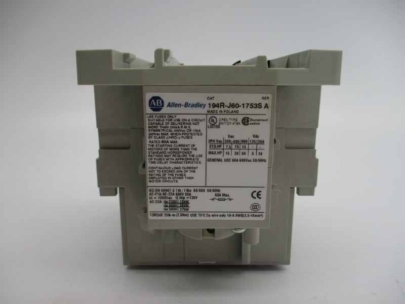 ALLEN BRADLEY 194R-J60-1753S SER. A 600VAC 60A (BR/WH) NSMP