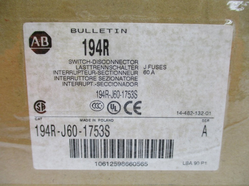 ALLEN BRADLEY 194R-J60-1753S SER. A 600VAC 60A (BR/WH) NSMP