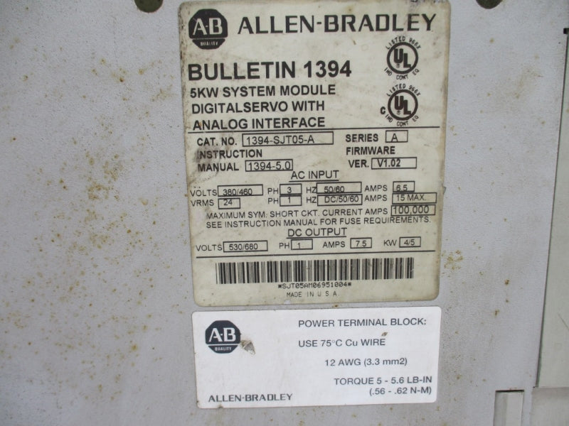 ALLEN BRADLEY 1394-SJT05-A SER. A F/W V1.02 380/460VAC 6.5A UNMP