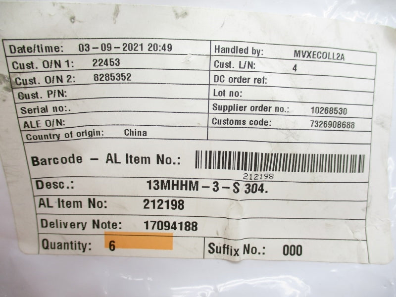 TRI-CLOVER 13MHHM-3-S304 (PKG OF 6) NSMP