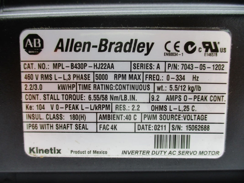 ALLEN BRADLEY MPL-B430P-HJ22AA SER. A 460V 9.2A NSNP