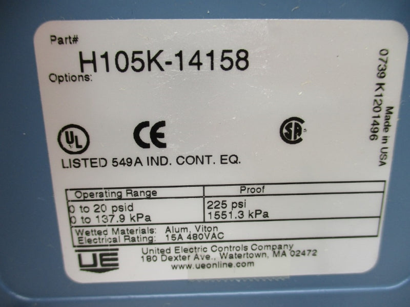 UNITED ELECTRIC CONTROLS H105K-14158 480VAC 15A 225PSI NSNP