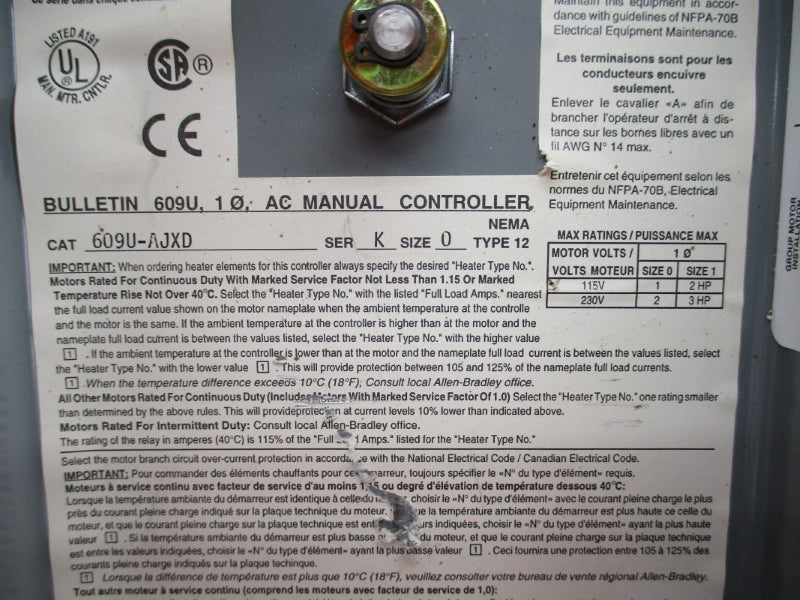 ALLEN BRADLEY 609U-AJXD SER. K 115/230V UNMP