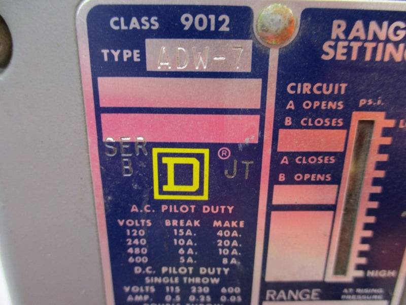 SQUARE D 9012ADW-7 SER. B 600VAC 40A 550-5000PSI UNMP