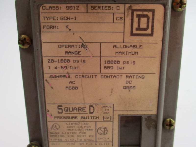SQUARE D 9012GCW-1 SER. C 20-1000PSI UNMP