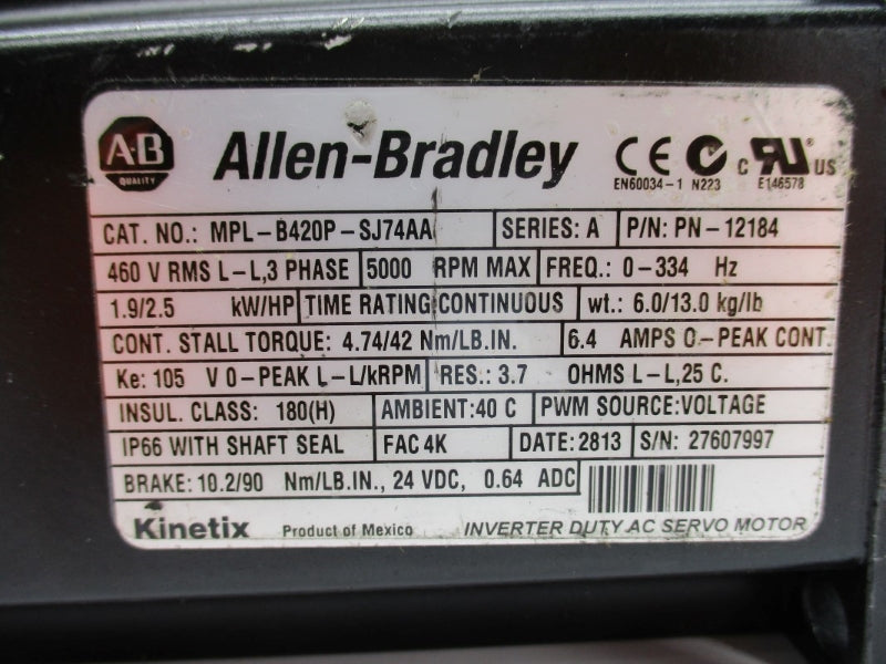 ALLEN BRADLEY MPL-B420P-SJ74AA SER. A 24VDC 6.4A NSNP