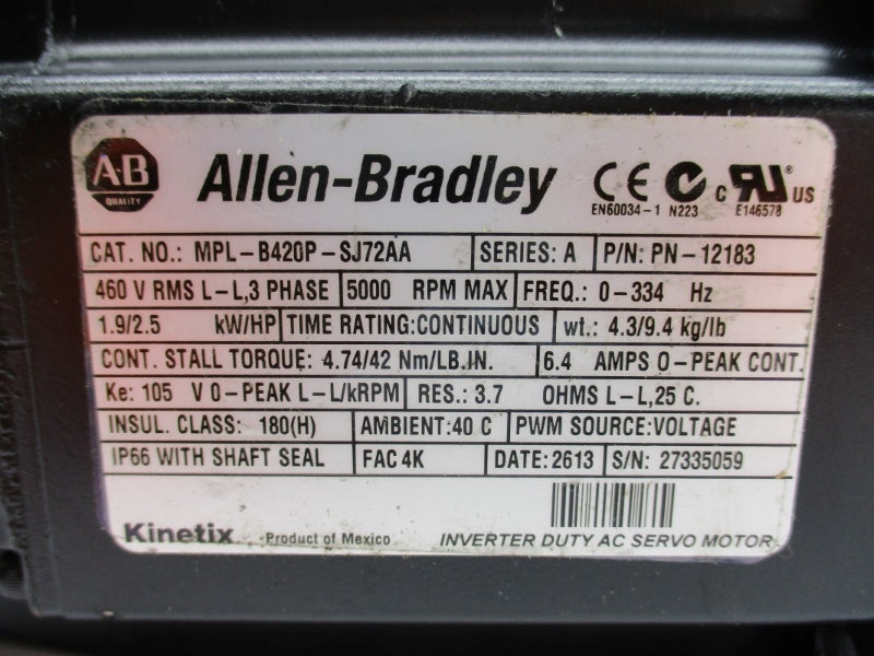 ALLEN BRADLEY MPL-B420P-SJ72AA SER. A 6.4A NSNP