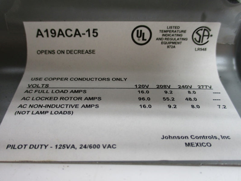 JOHNSON CONTROLS A19ACA-15 24/600VAC 16.0A UNMP