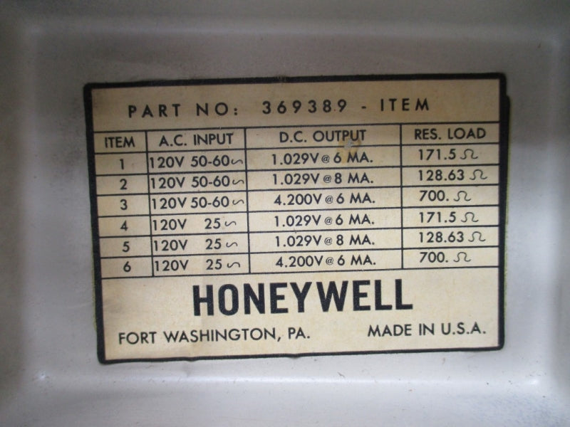 HONEYWELL 369389-ITEM 120VAC UNMP