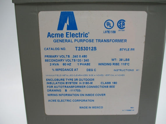 ACME ELECTRIC T253012S 480V (AS PICTURED) NSMP