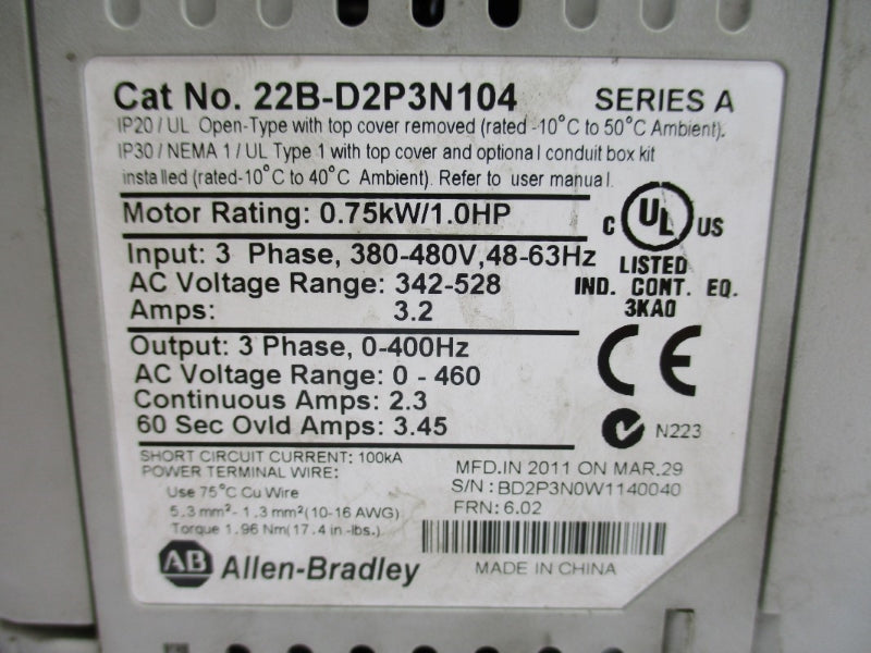 ALLEN BRADLEY 22B-D2P3N104 SER. A F/W 6.02 380/480V 3.2A UNMP