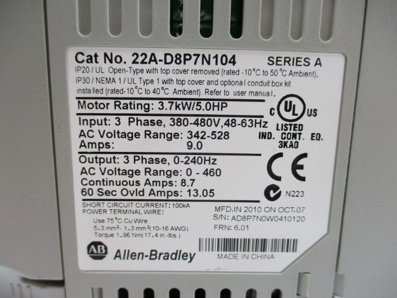 INDUSTRIAL SPARE PART 22A-D8P7N104 SER. A F/W 6.01 380/480V 9.0A NSNP