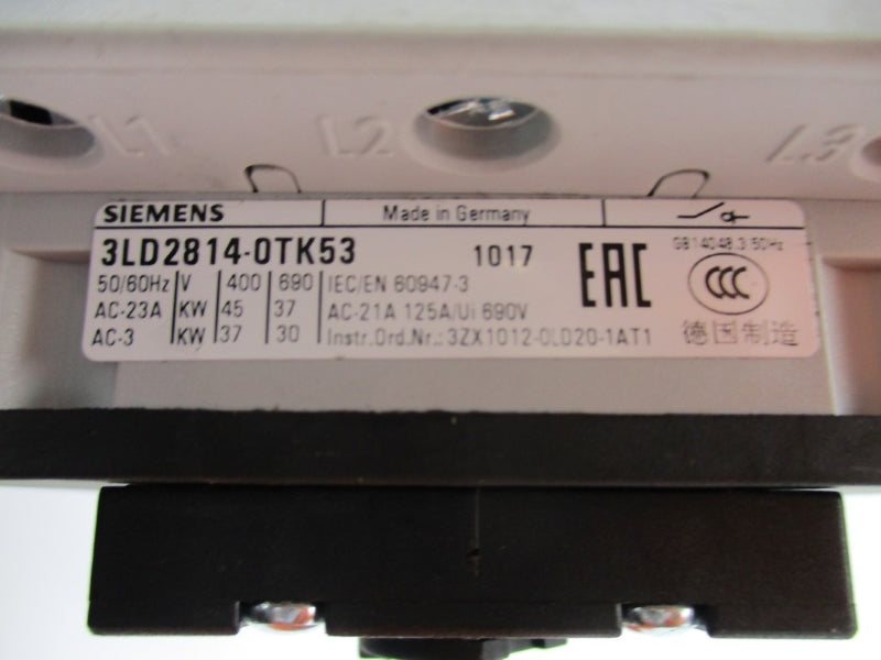 SIEMENS 3LD2814-0TK53 600VAC 125A (AS PICTURED) NSNP