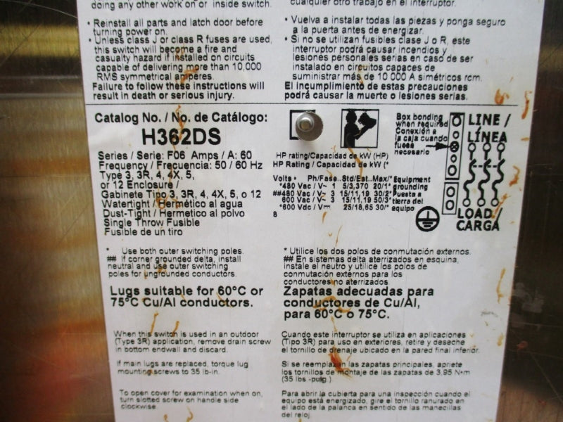 SQUARE D H362DS SER. F06 600VAC 60A NSNP