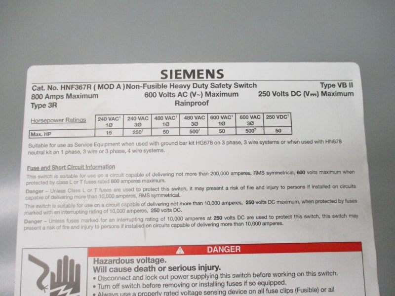 SIEMENS HNF367R 600VAC 800A NSMP