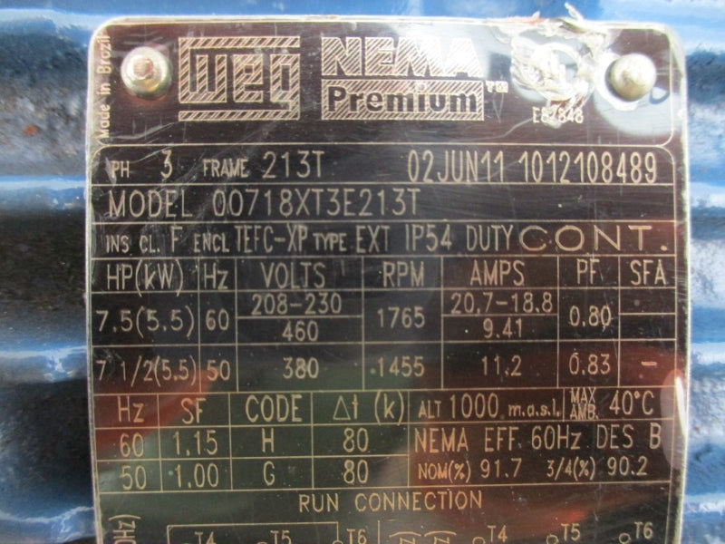 WEG 00718XT3E213T 208-230/460V 20.7-18.8/9.41A NSNP