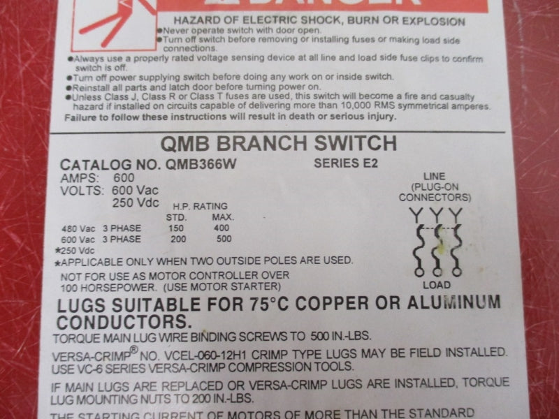 SQUARE D QMB366W SER. E2 600VAC 600A NSNP