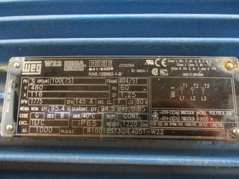 WEG KAS.128582-1-B 100 HP FRAME 404/5T 460V 116A NSMP