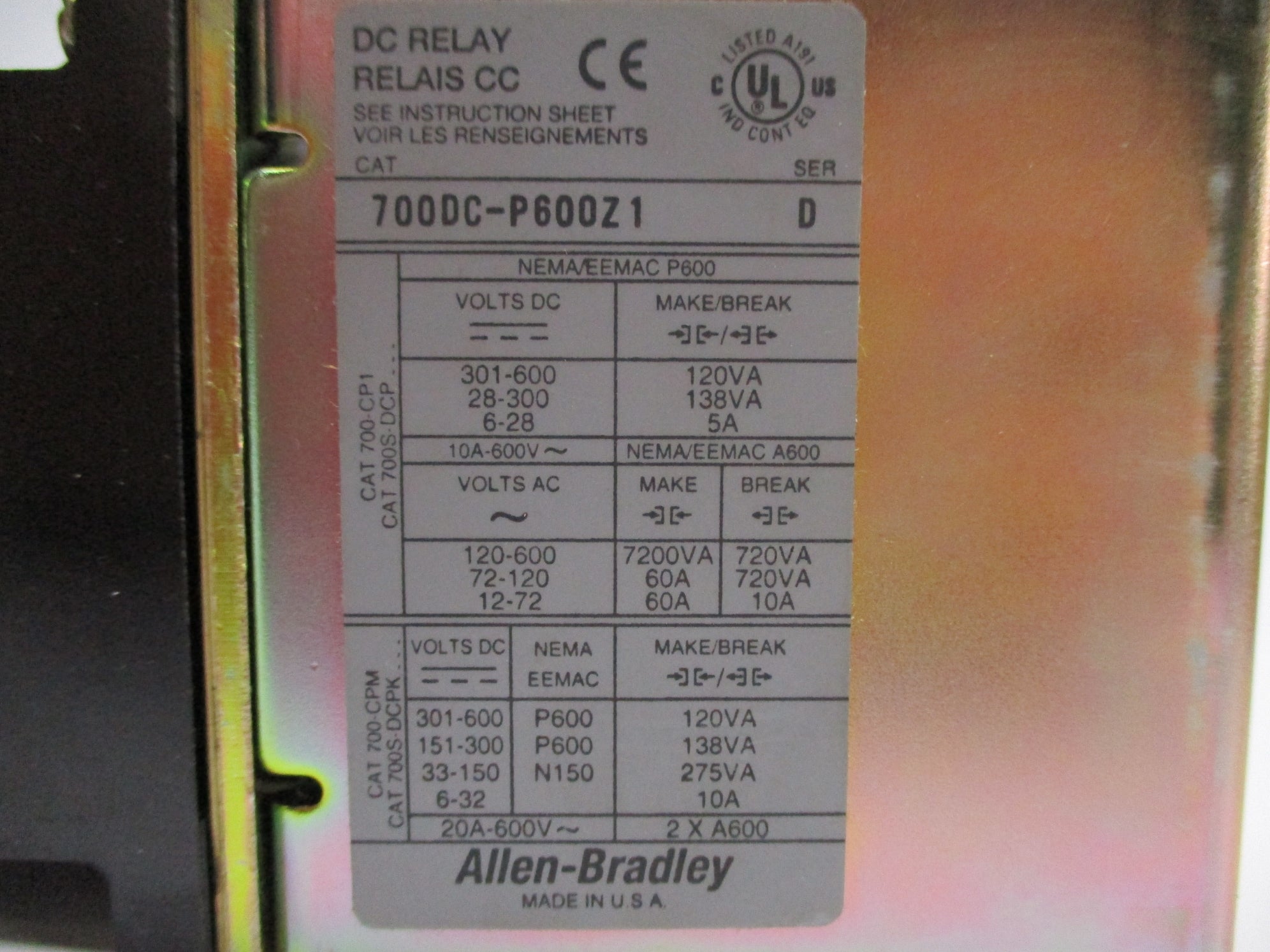 ALLEN BRADLEY 700DC-P600Z1 SER. D 600V 20A NSNP