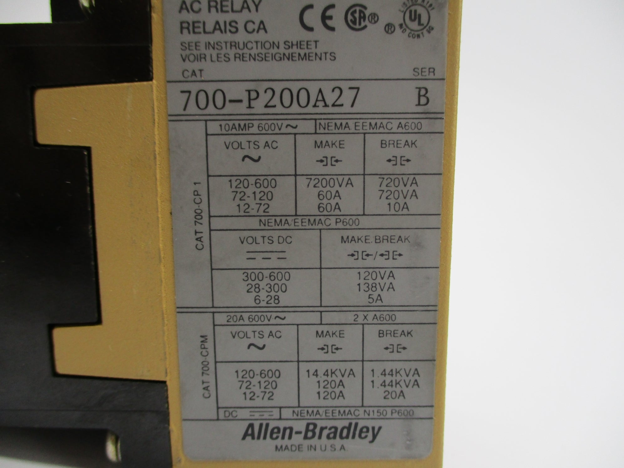 ALLEN BRADLEY 700-P200A27 SER. B 277V NSNP