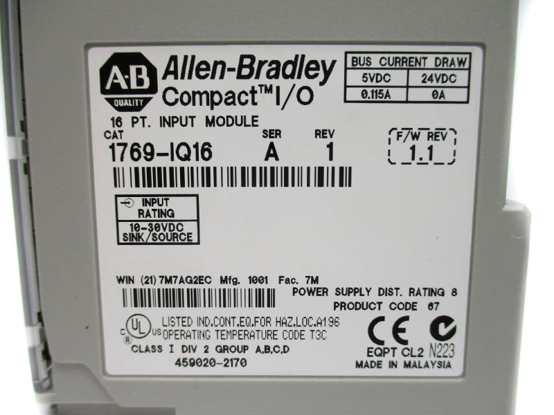 ALLEN BRADLEY 1769-IG16 SER. A F/W 1.1 24VDC 0.115A NSNP