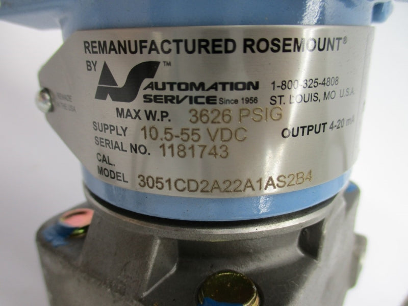 ROSEMOUNT 3051CD2A22A1AS2B4 10.5-55VDC 3626PSI REMAN
