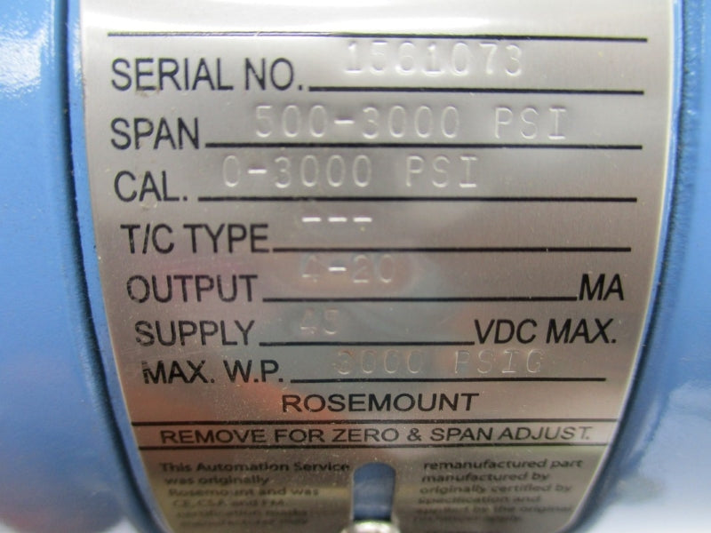 ROSEMOUNT 1151GP9S22B2 45VDC 3000PSI REMAN