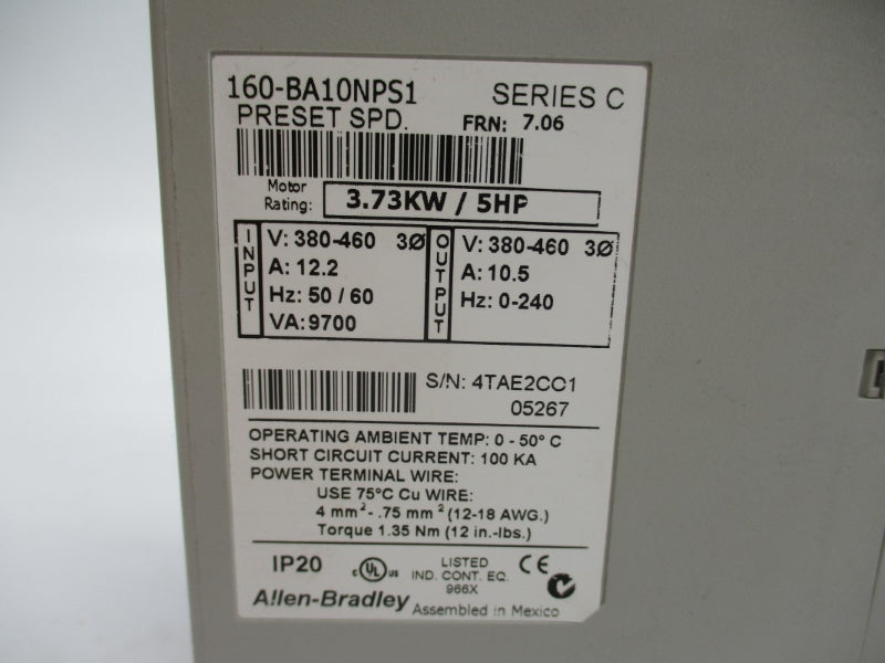 ALLEN BRADLEY 160-BA10NPS1 SER. C F/W 7.06 380-460V 12.2A (BR/WH) NSMP