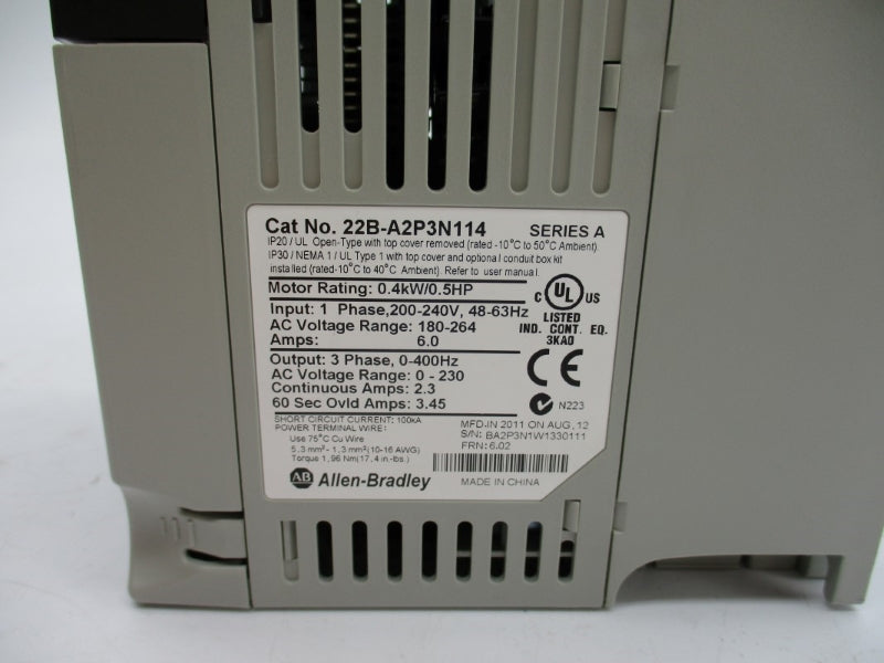 ALLEN BRADLEY 22B-A2P3N114 SER. A F/W 6.02 180-264V 6.0A NSMP