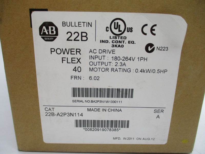 ALLEN BRADLEY 22B-A2P3N114 SER. A F/W 6.02 180-264V 6.0A NSMP