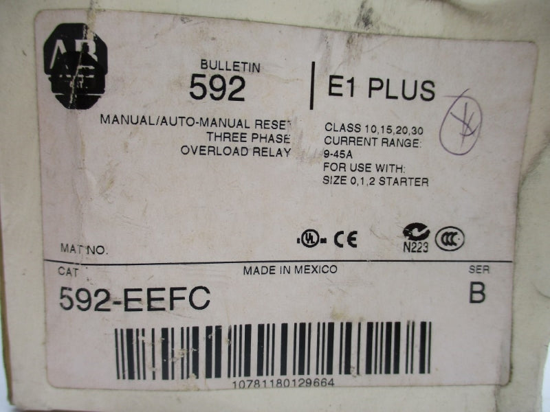 ALLEN BRADLEY 592-EEFC SER. B 600V 9-45A (WH) NSMP