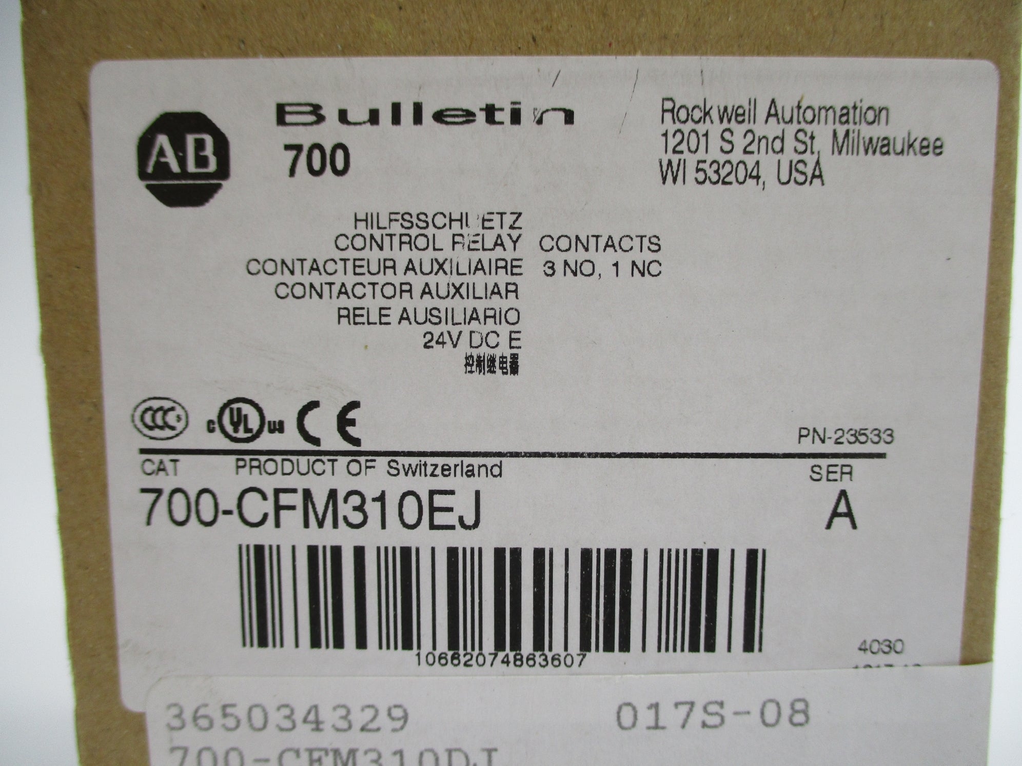 ALLEN BRADLEY 700-CFM310EJ SER. A 24VDC (BR/WH) NSMP