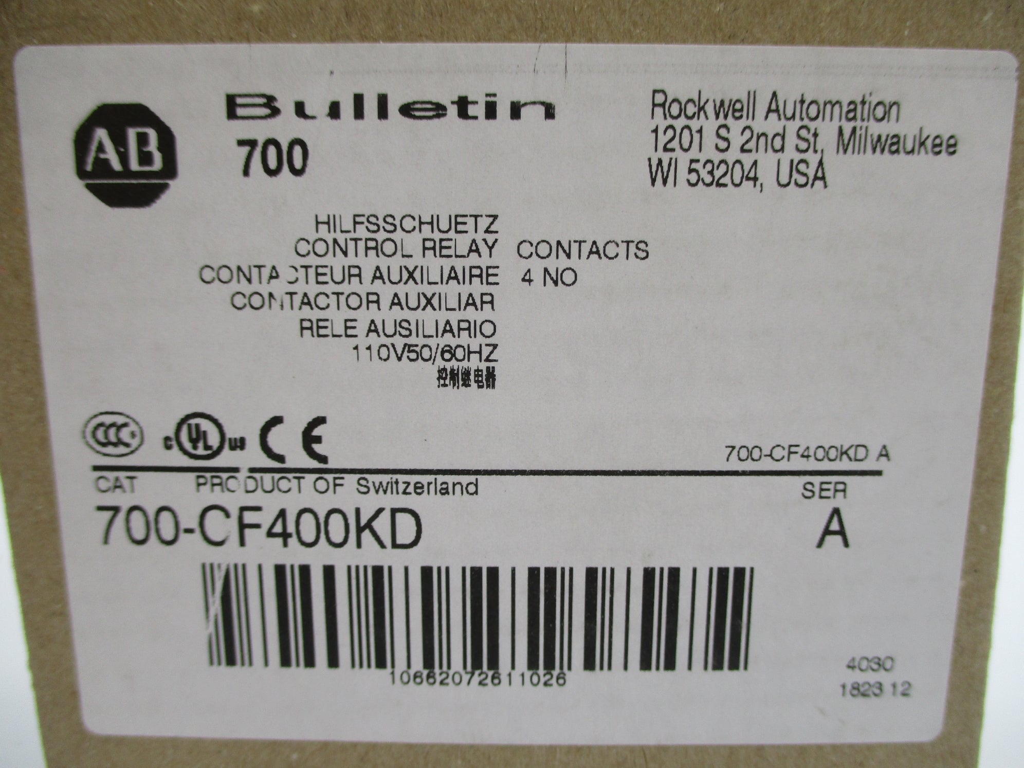 ALLEN BRADLEY 700-CF400KD SER. A 110V (BR/WH) NSMP