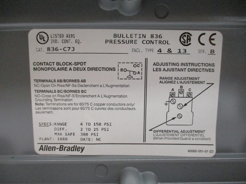 ALLEN BRADLEY 836-C7J SER. B 4-150PSI (BR/WH) NSMP