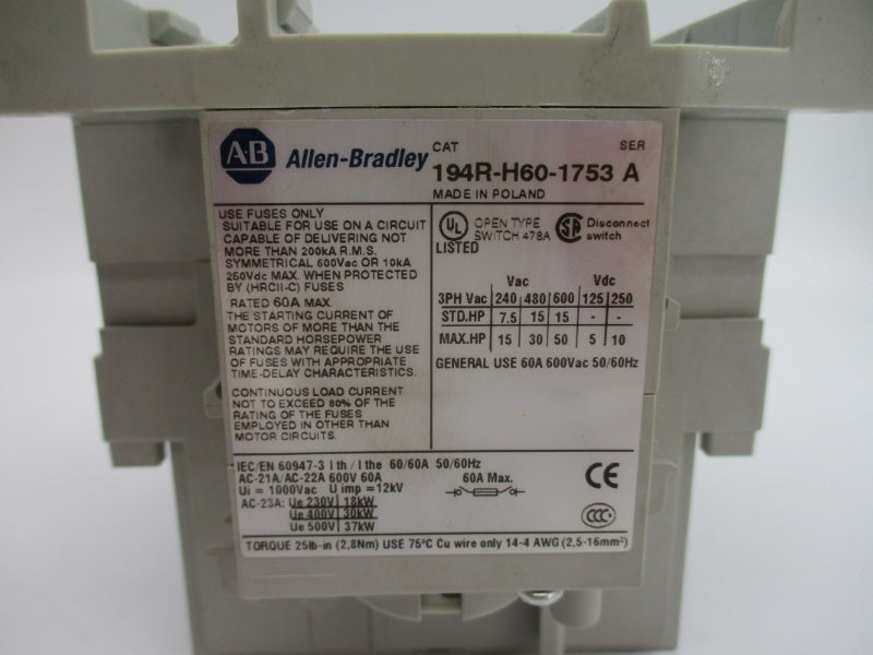 ALLEN BRADLEY 194R-H60-1753 SER. A 600VAC 60A (BR/WH) NSMP