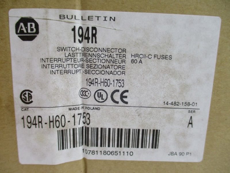 ALLEN BRADLEY 194R-H60-1753 SER. A 600VAC 60A (BR/WH) NSMP