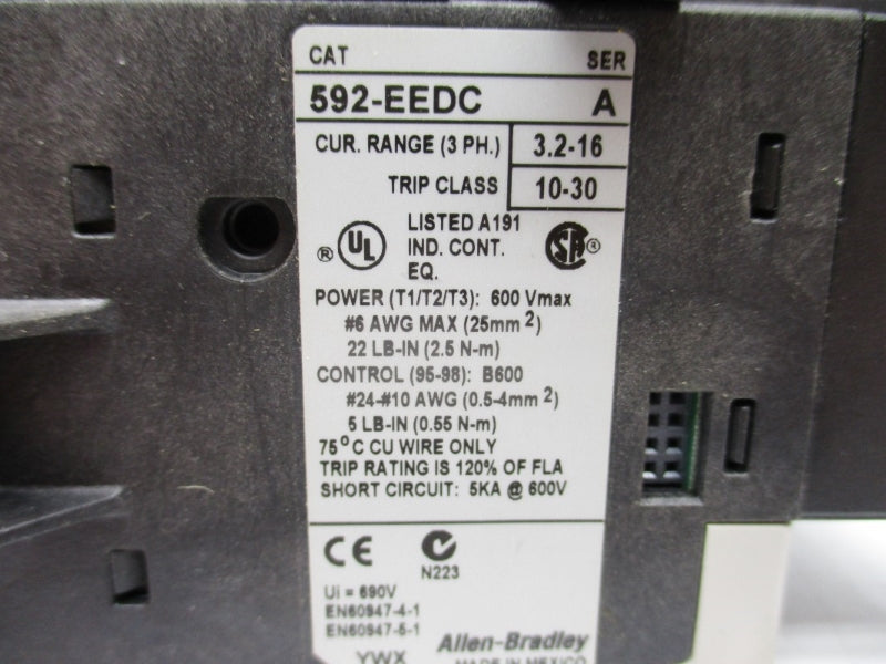 ALLEN BRADLEY 592-EEDC SER. A 600V 3.2-16A NSNP