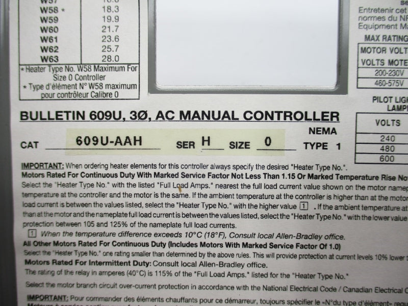 ALLEN BRADLEY 609U-AAH SER. H 600V (BR/WH) NSMP