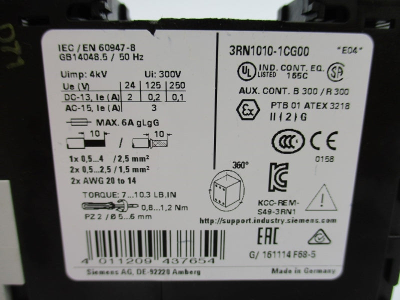 SIEMENS 3RN1010-1CG00 110-120VAC NUPI