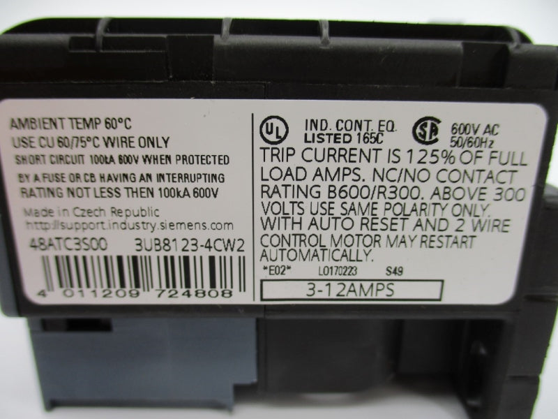 SIEMENS 48ATC3S00 3UB8123-4CW2 600VAC 3-12A NUPI