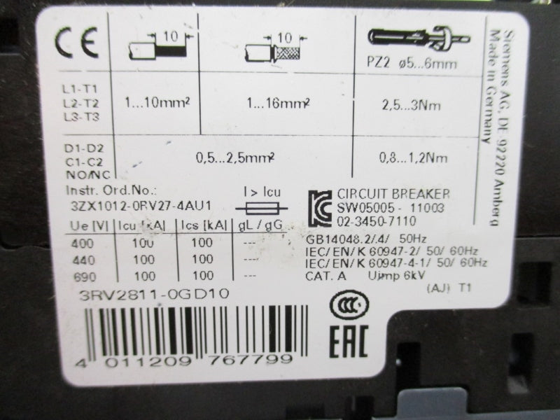 SIEMENS 3RV2811-0GD10 347VAC 0.63A NUPI