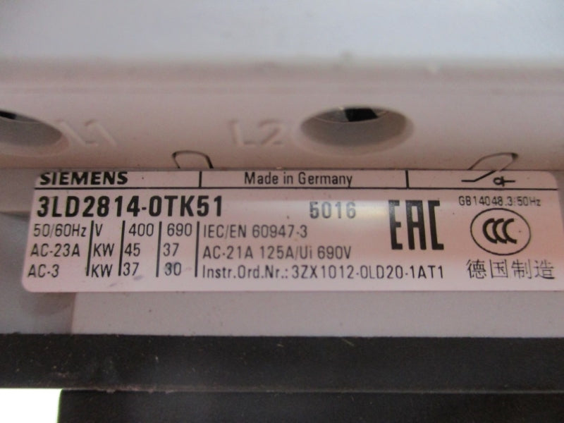 SIEMENS 3LD2814-0TK51 600VAC 125A NUPI
