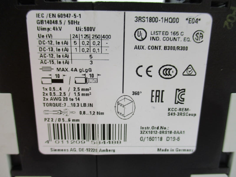 SIEMENS 3RS1800-1HQ00 110/120VAC 4A NUPI