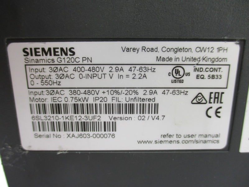 SIEMENS 6SL3210-1KE12-3UF2 400-480V 2.9A NUPI
