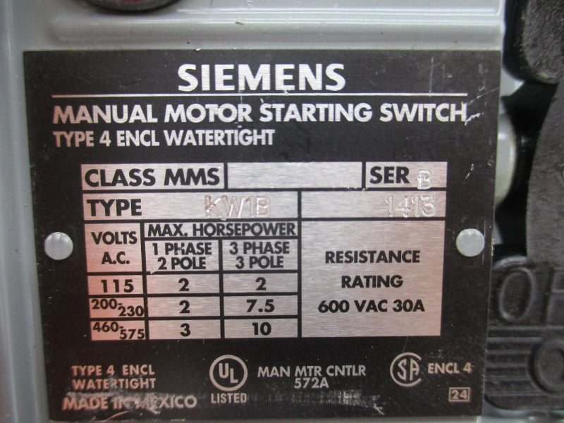 SIEMENS MMSKW1B SER. B 600VAC 30A NUPI