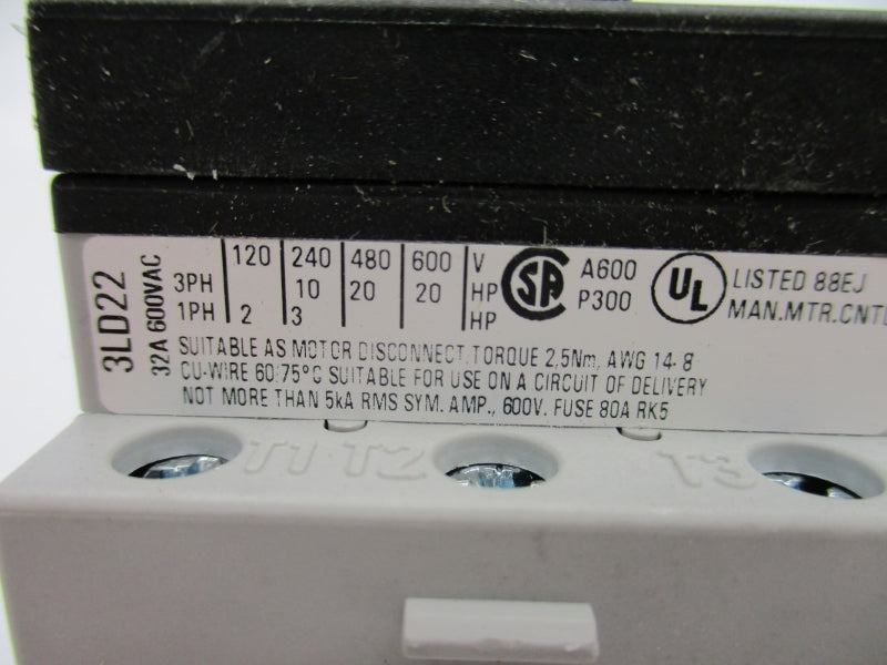 SIEMENS 3LD2213-0TK51 600VAC 32A NUPI