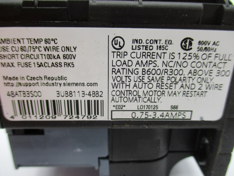 SIEMENS 48ATB3S00 3UB8113-4BB2 600VAC 0.75-3.4A NUPI