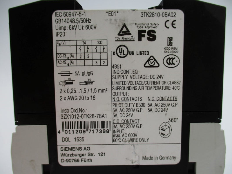SIEMENS 3TK2810-0BA02 24VDC 5A 0.2-6S NUPI