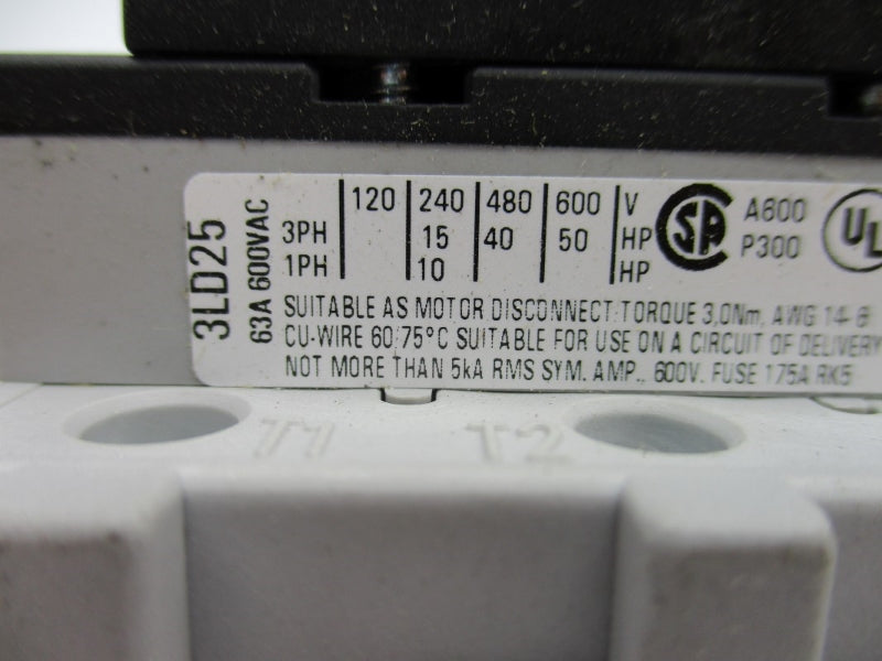 SIEMENS 3LD2545-0TK53 600VAC 63A NUPI